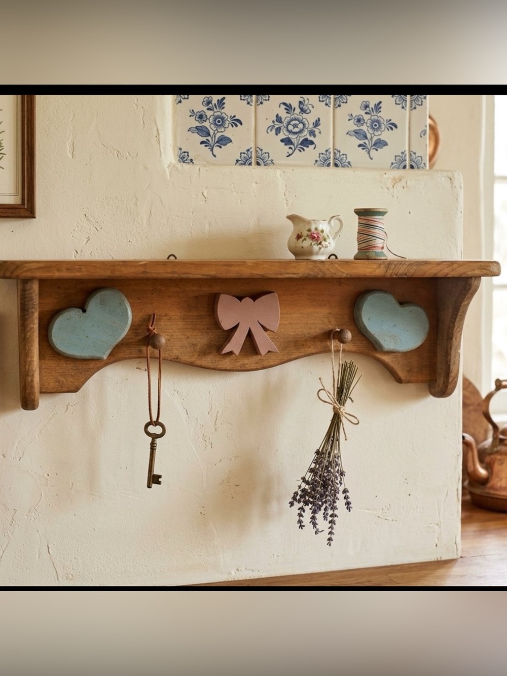 Vintage Cottagecore Wooden Pastel Heart Bow Rustic Wall Shelf Peg Rack 23.5’L
